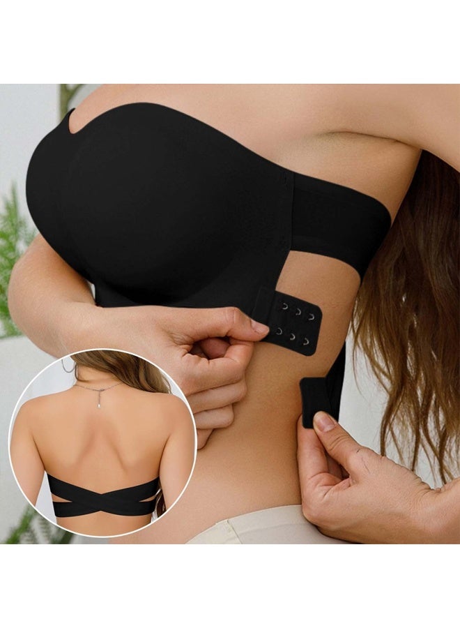 Zeemey Black Wireless Bandeau Bralette with Side Closure, Sexy Strapless Nylon Knit Fabric - Removable Padding, Cross Strap Detail, Solid Color Stretch - Image 1